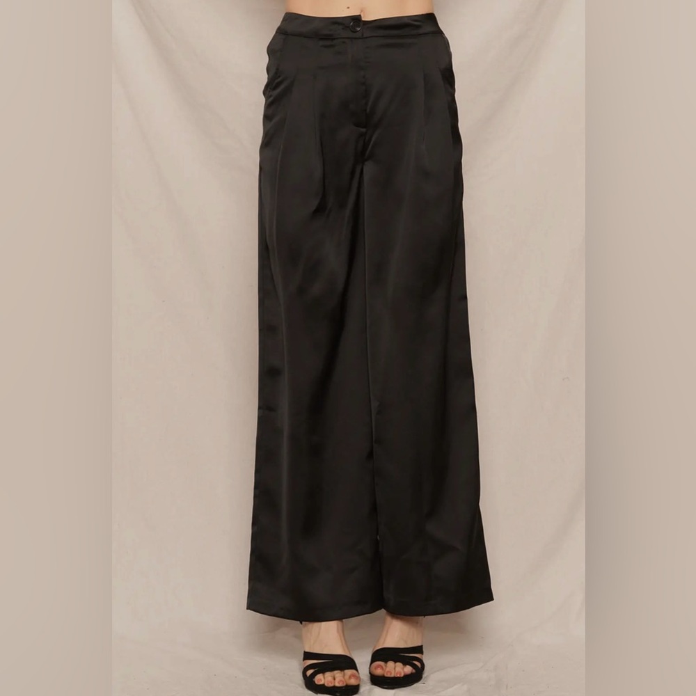 Wide Leg Black Satin Pants